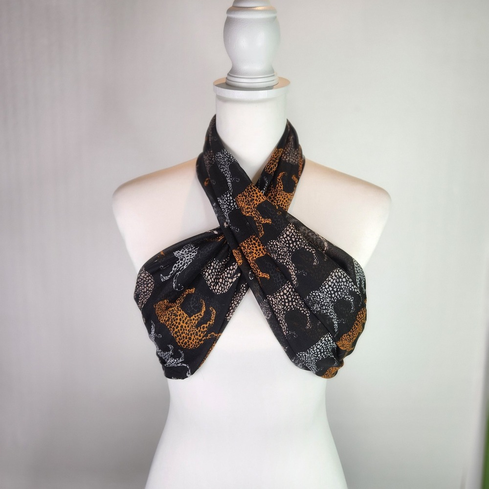 HM Womens Leopard Cheetah Print Scarf Black Tan White Sheer Gauze - Picture 7 of 9